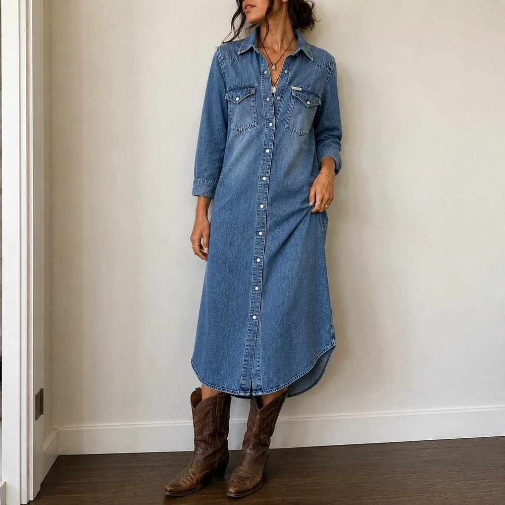 Sendero Annie Denim Pearl Snap Midi Shirt Dress Small Western Cowgirl Ranch
